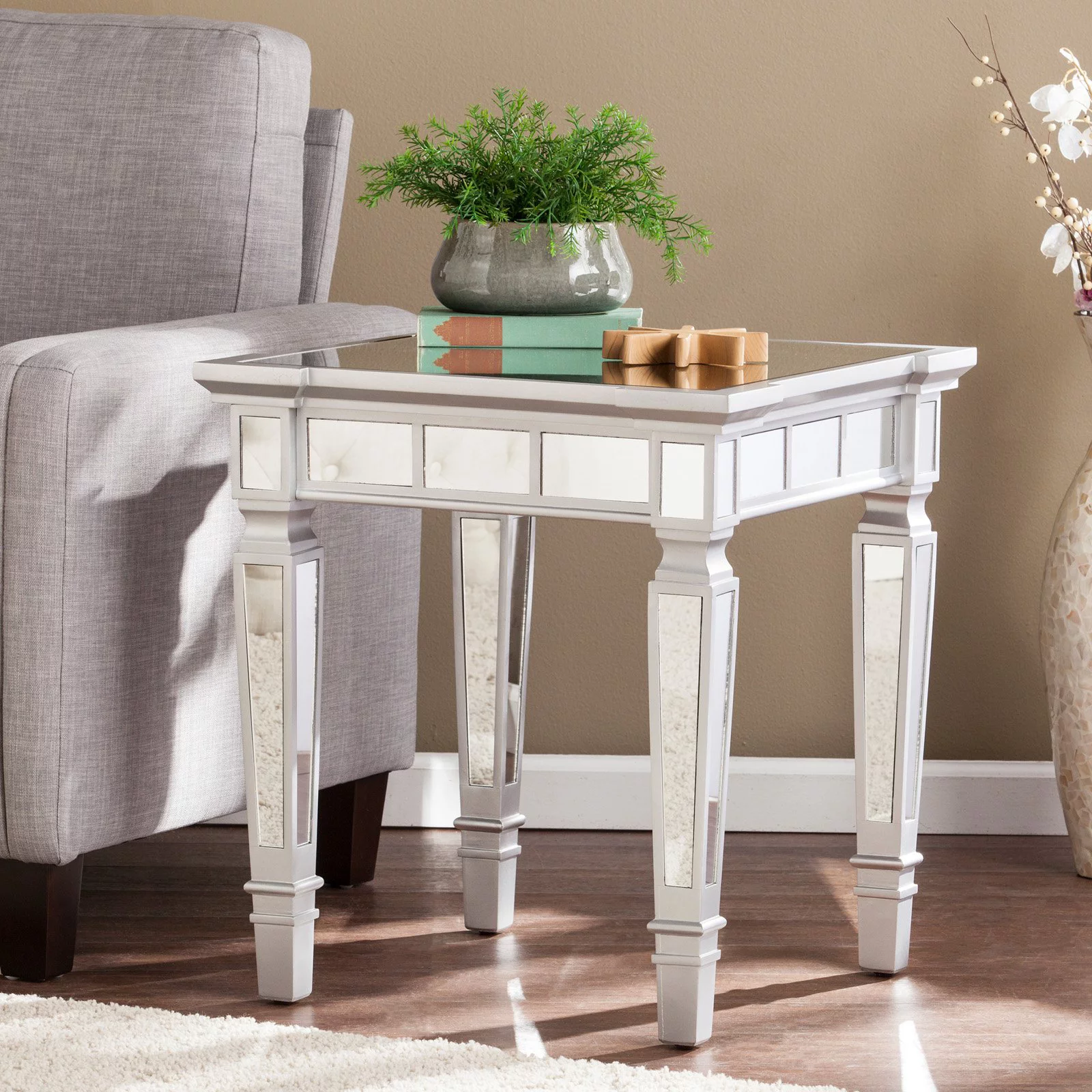 SEI Furniture Glenview Square Wood Mirrored End Table in Matte Silver