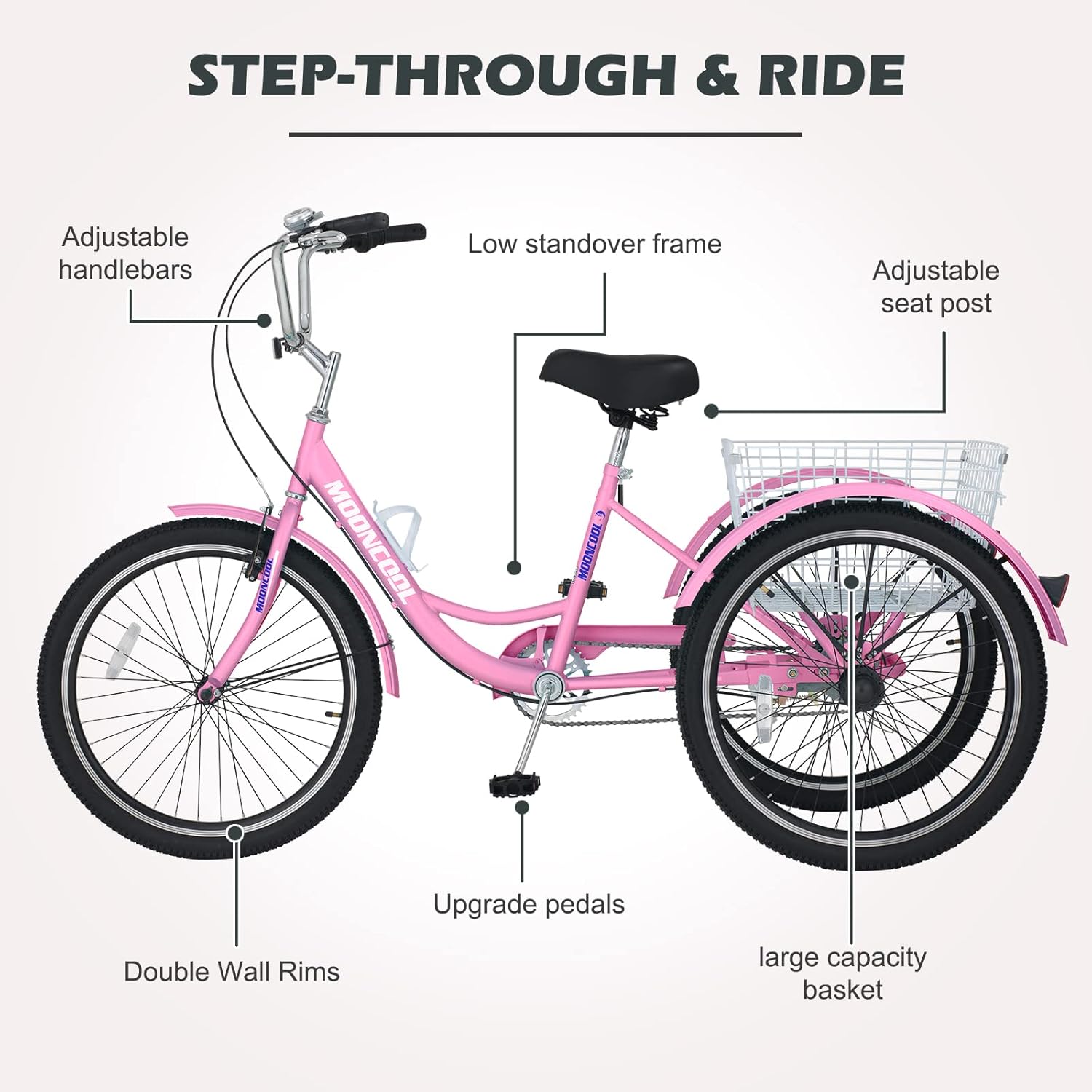 24 Inch Adult Tricycles, Single Speed Adult Trikes 3 Wheel Bikes, Three-Wheeled Bicycles Cargo Cruise Trike with Shopping Basket for Recreation Shopping