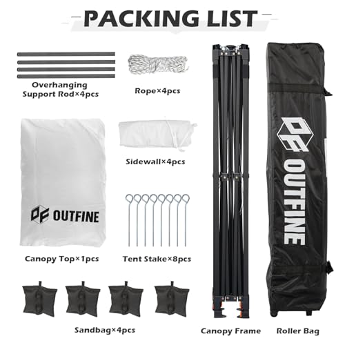 OUTFINE Heavy Duty Canopy 10x10 Pop Up Commercial Canopy Tent with 3 Side Walls Instant Shade, Bonus Upgrade Roller Bag, 4 Weight Bags, Stakes and Ropes (White, 10 * 10FT)