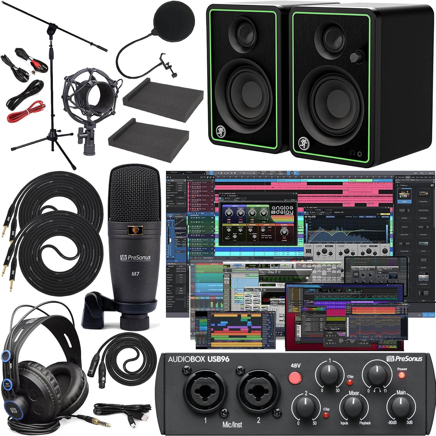 Presonus AudioBox 96 Studio Audio Interface with Creative Software Kit and Studio Bundle and CR5-X Pair Studio Monitors with Isolation Pads with and 1/4 Cables