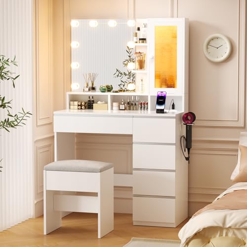Vanity Desk with Mirror and Lights & Extral Foldable Desk, 35.43