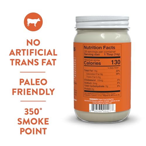 Fatworks Organic Grass-Fed Beef Tallow, Certified Organic Non-Gmo Pasture-Raised Beef Tallow, sourced from several small family ranchers, KETO friendly, exclusive to Fatworks, 14 oz.