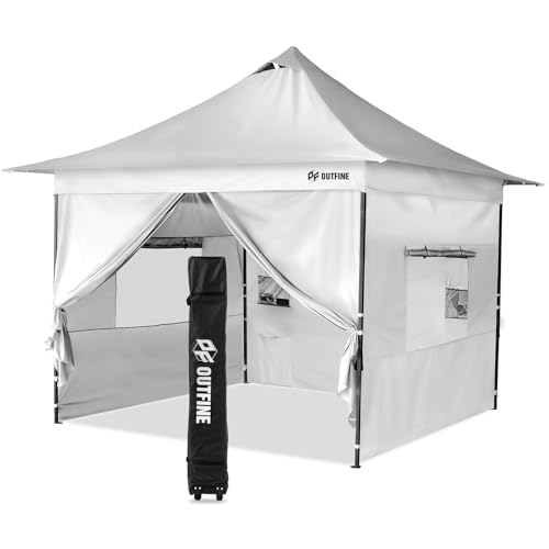 OUTFINE Heavy Duty Canopy 10x10 Pop Up Commercial Canopy Tent with 3 Side Walls Instant Shade, Bonus Upgrade Roller Bag, 4 Weight Bags, Stakes and Ropes (White, 10 * 10FT)