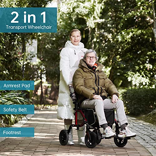 ELENKER All-Terrain 2 in 1 Rollator Walker & Transport Chair, Folding Wheelchair with 10” Non-Pneumatic Wheels for Seniors, Reversible Backrest & Detachable Footrests, Blue