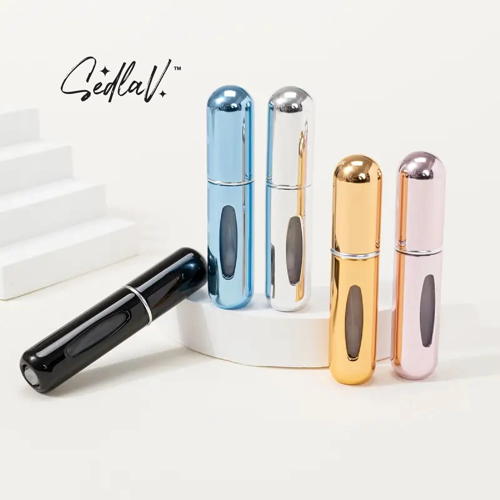 SEDLAV Mini Refillable Perfume Portable Bottle (5Pcs)- Lipstick-Size, Lightweight & Durable Aluminum Travel Bottles - Easy-To-Refill Travel Size Bottles