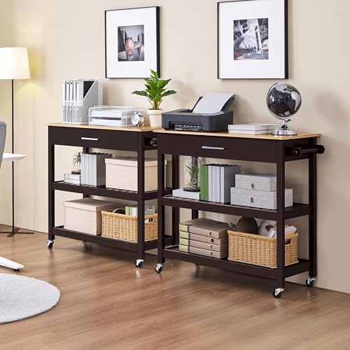 Yaheetech Kitchen Island Cart on Wheels with Bamboo Tabletop, 3-Tier Rolling Kitchen Island Microwave Cart with Drawer, Detachable Towel, 3 Hooks, 17