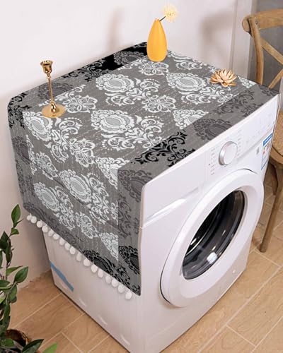 Microwave Oven Dust Cover, Vintage Mottled European Floral Flowers Style Grey Black White Anti-Slip Refrigerator Dust Cover Washing Machine Top Cover with Storage Pockets 12