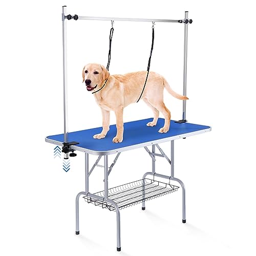 Dog/Pet Grooming Table Foldable Height Adjustable - 42-inch Portable Dog Grooming Table with Arm Noose & Mesh Tray, Maximum Capacity Up to 300lbs, Dark Blue