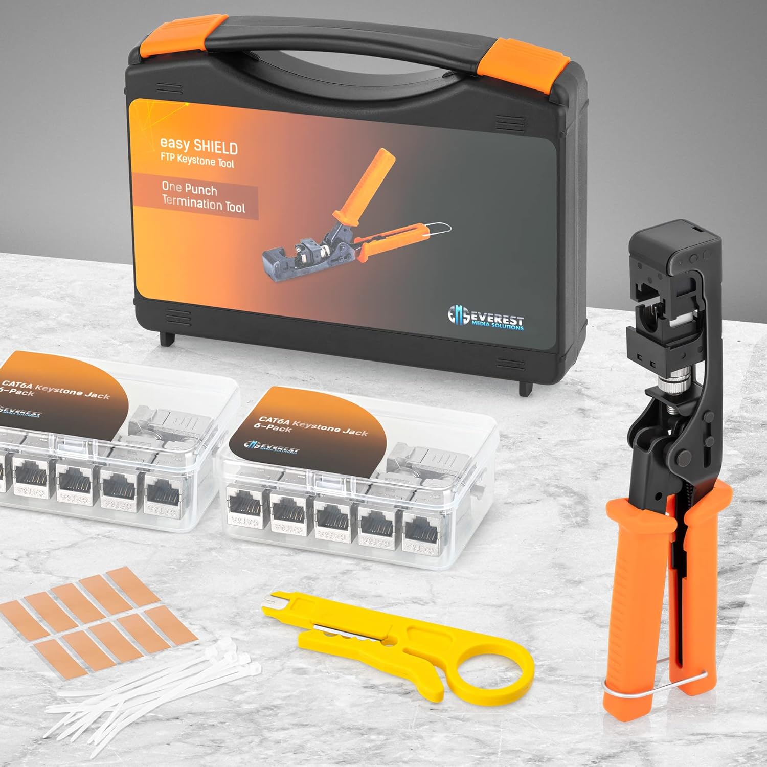 EMS easySHIELD - Speed Termination Tool Kit - F/STP Punch Down Crimper - For a Slim Profile, 90-Degrees, RJ45 CAT6/6A Shielded Keystone Jacks - Set with Mini Tool, Copper Foils, 12 Jacks Pack of 2