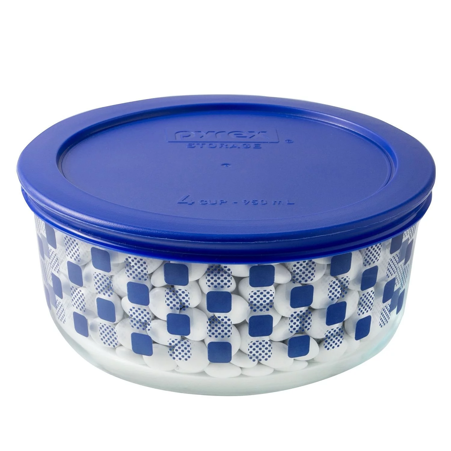 Pyrex 4-Cup Cadet Blue Small Square Dots with Lid - 4-Pack