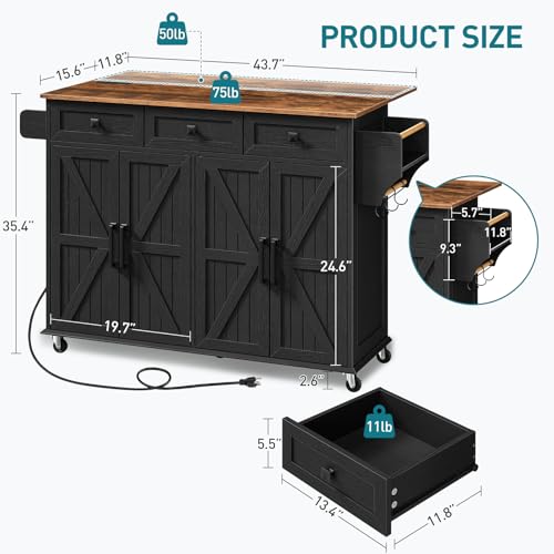Kitchen Island with Drop Leaf, Kitchen Cart with Charging Station, Kitchen Table with Storage, Rolling Island Table with 3 Drawers, Towel Rack and Spice Rack, White and Walnut