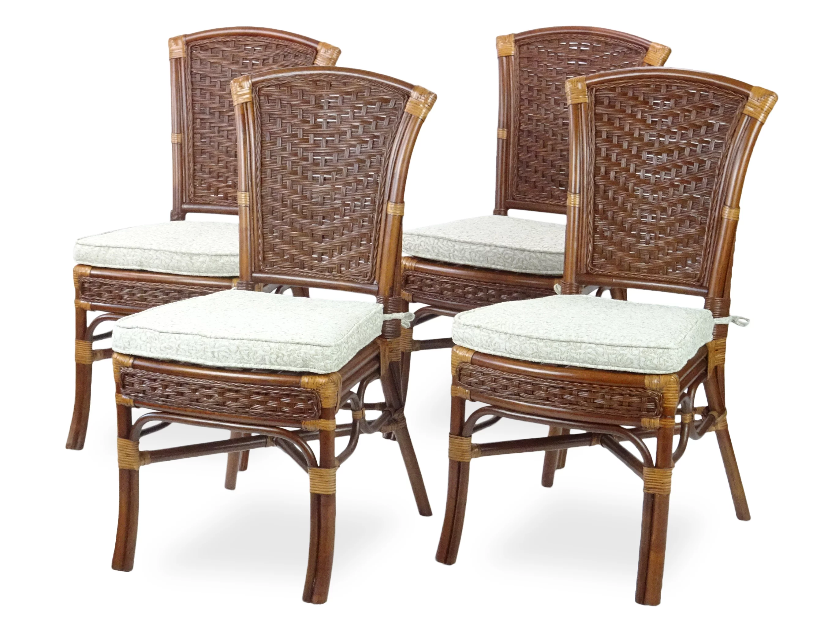 SK New Interiors Set of 4 Alexa Dining Side Chairs Natural Rattan Wicker Handmade with Cushion, Dark Walnut Color