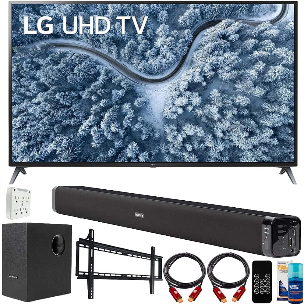 LG 75UP7070PUD 75 Inch LED 4K UHD Smart webOS TV (2021 Model) Bundle with Deco Gear Home Theatre Soundbar with Subwoofer, Wall Mount Accessory Kit, 6FT 4K HDMI 2.0 Cables and More