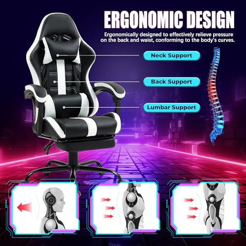 Massage Gaming Chair w/Footrest, Ergonomic High Back PC Chair w/Headrest and Lumbar, PU Swivel Home Desk Office Chair, Black