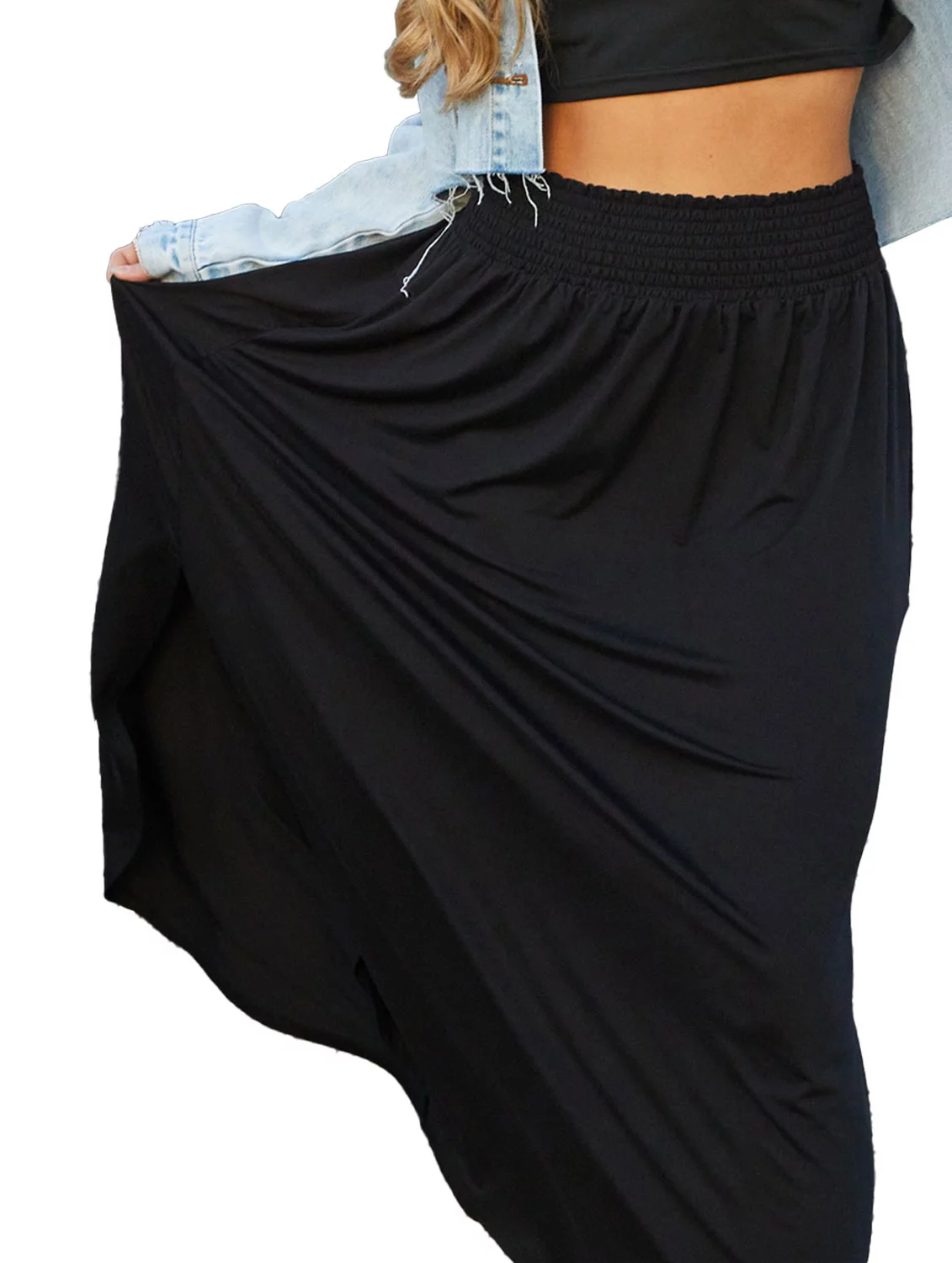 Doublju Women's Smocked Waist Band Maxi Skirt