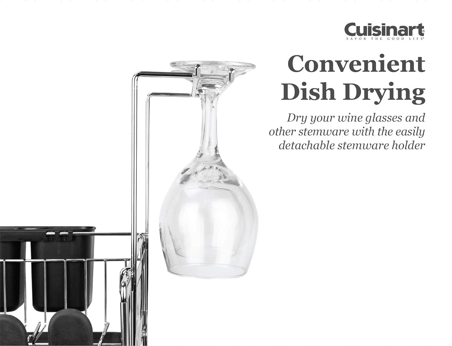 Cuisinart Stainless Steel Dish Drying Rack – includes Wire Dish Drying Rack, Utensil Caddy, Draining Board, Stemware Holder, and Non-Slip Cup Holders, 14.4” x 12” x 6”- Stainless Steel/Black