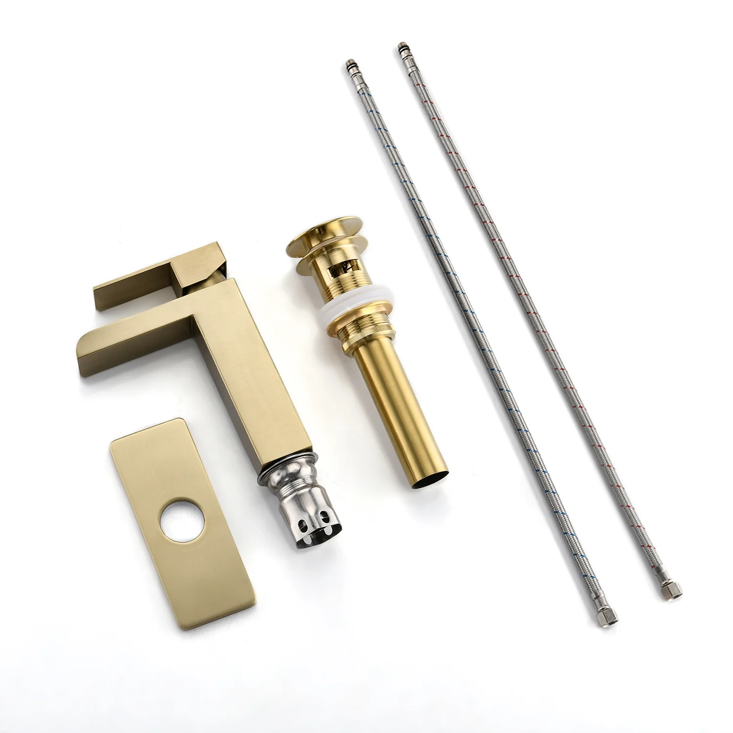 Brushed Gold Waterfall Single Handle Bathroom Faucet, Single Hole Bathroom Faucet with Pop-up Assembly Overflow Drain, 304 Stainless Steel Supply Line and Deck Plate