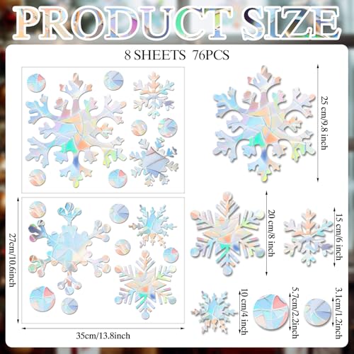 76 Pcs Extra Large Snowflake Window Clings 9.8 Inch Winter Iridescent Window Sticker Wonderland Decorations Laser Rainbow Anti Collision Decals to Save Birds Non Adhesive Holiday Indoor