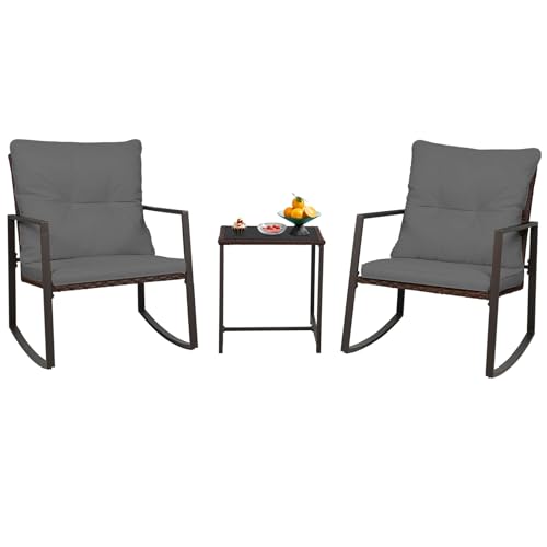 SUNCROWN 3-Piece Patio Bistro Set Outdoor Rocking Chairs Set Brown Wicker Porch Chairs with Glass Coffee Table, Beige Cushion