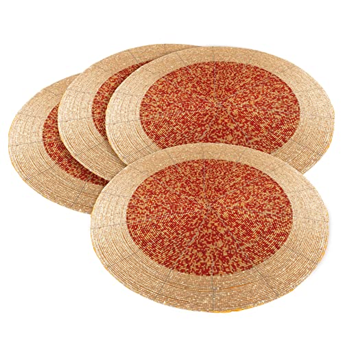 Light & Pro Farmhouse Beaded Placemats 13 Inch Round Set of 4 - Decorative Glitz Christmas Beaded Charger Hand Made by Skilled Artisans - A Beautiful Complement to Your Dinner Table Décor - Gold