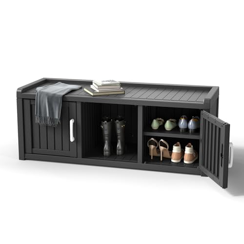 ROJIK Shoe Cabinet Waterproof UV-Resistant,Storage Bench Indoor Outdoor with Adjustable Shelves,for Entryway Bedroom,Hallway,Living Room(Double Door,Grey)