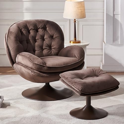 Velvet Swivel Accent Chair with Ottoman Set,Modern Tufted Armchair with Footrest for Living room,Reading TV Chair for adult,Comfy Chaise Lounge Chairs with 360 Degree Swiveling for bedroom,Olive Green