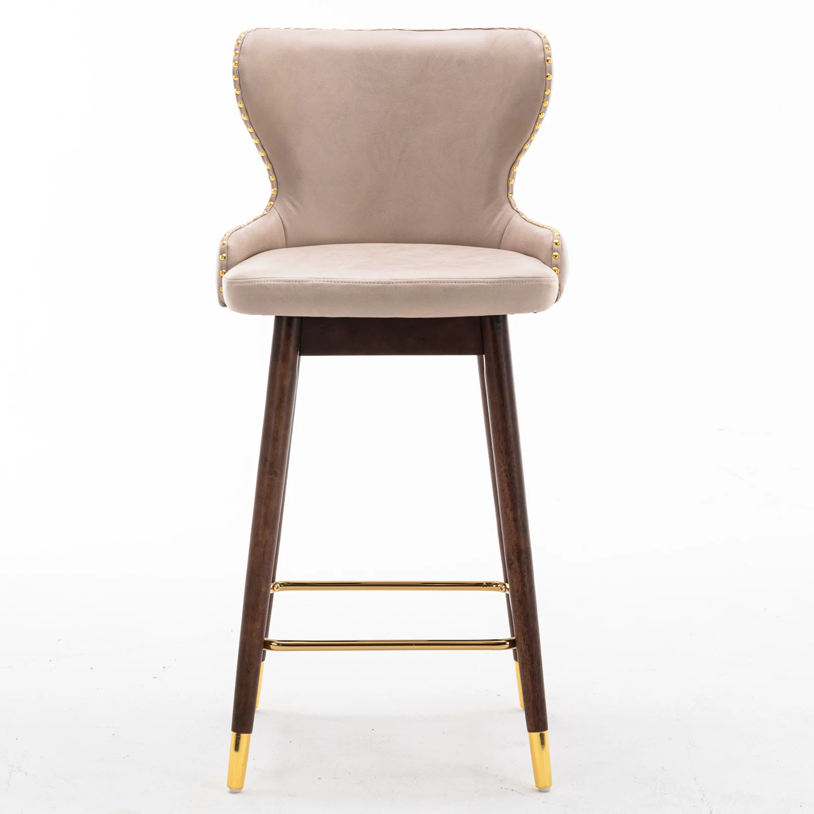 BTMWAY Bar Chairs Set of 2, Modern Upholstered Bar Stools with Gold Nailhead Trim and Solid Wood Legs, Leisure Cushioned Counter Stools with Wing-Back Backrest and Golden Footrest, Beige