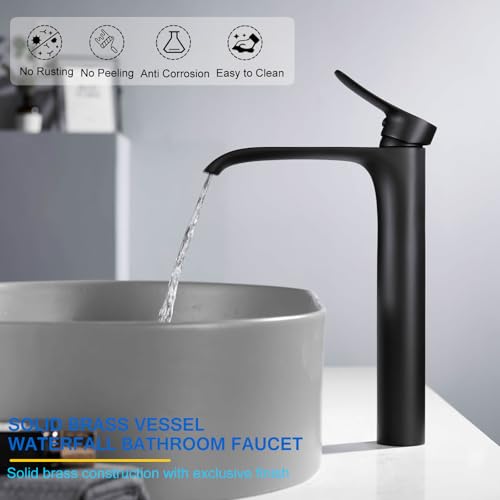 Tall Vessel Sink Faucet Bathroom Waterfall Faucet Brushed Gold Finished Single Handle Matte Black Vanity Bathroom Faucet Basin Mixer Tap with Water Supply Hose and Pop Up Sink Drain