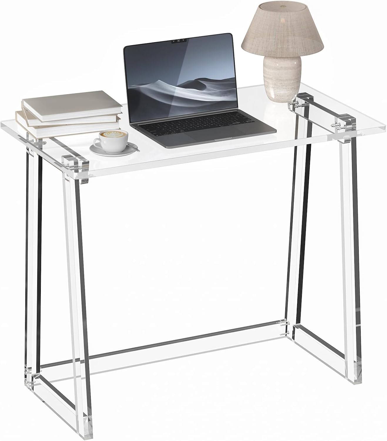 HMYHUM Acrylic Desk, 35.4 Inch, Clear Small Computer Desk with Trapezoid-shaped Legs for Home Office, Study, Writing, Vanity, Modern, Easy Assembly, 19.7