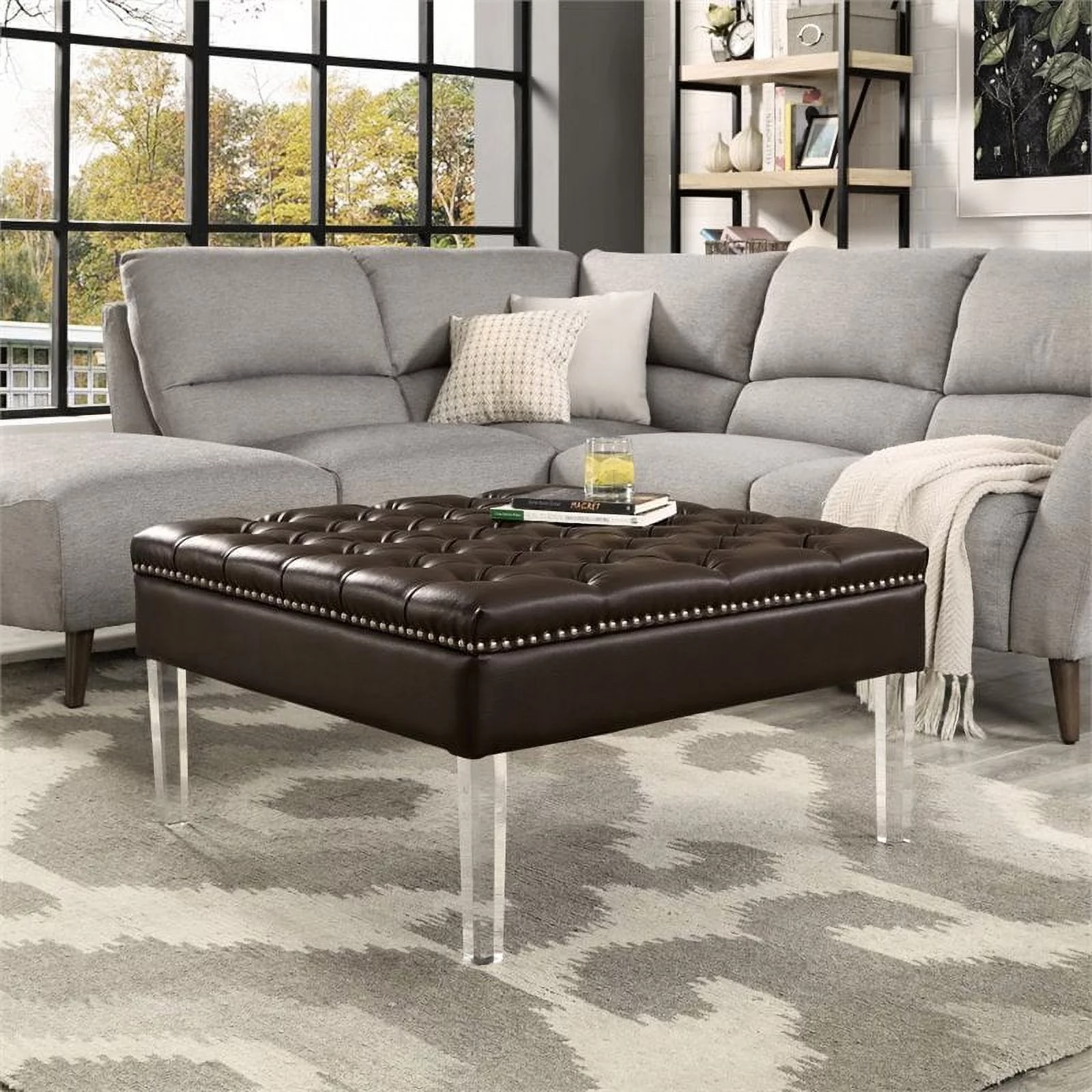 Posh Luke Tufted Faux Leather Oversized Ottoman with Acrylic Legs in Espresso