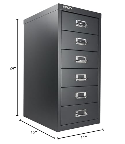 Bisley 10-Drawer Steel MultiDrawer Cabinet - Black, Chrome Pull Handles with Label Holders, Powder-Coated Steel, Removable Drawers, Fits Under Most Desks, Labels Included
