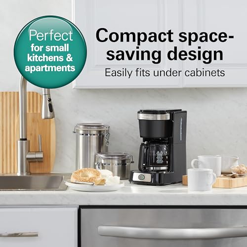 Hamilton Beach 5 Cup Drip Coffee Maker with Easy FrontFill Basket, Compact Design, Programmable Clock, Glass Carafe, Auto Pause and Pour, Black & Stainless Steel (46111)