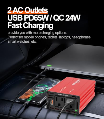 400W Car Power Inverter - Dual DC 12V to 110V AC Car Plug Adapter Outlets, Fast Charging USB C 65W & 24W Port, Power Inverters for Vehicles, Laptop Car Charger, Road Trips