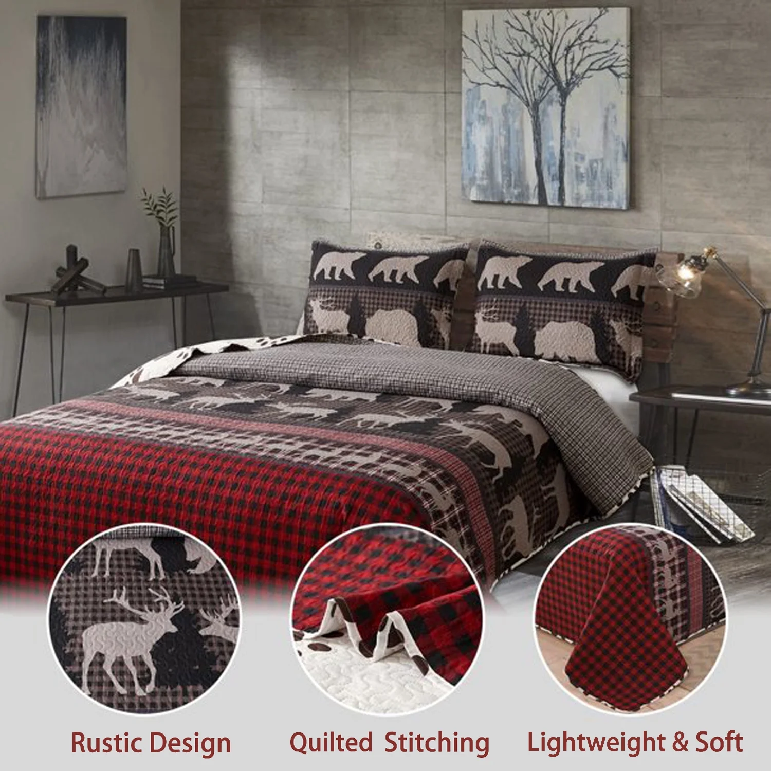 Jessy Home Deer Bear Quilt Queen Rustic Bedspread Red Black Microfiber Coverlet Set