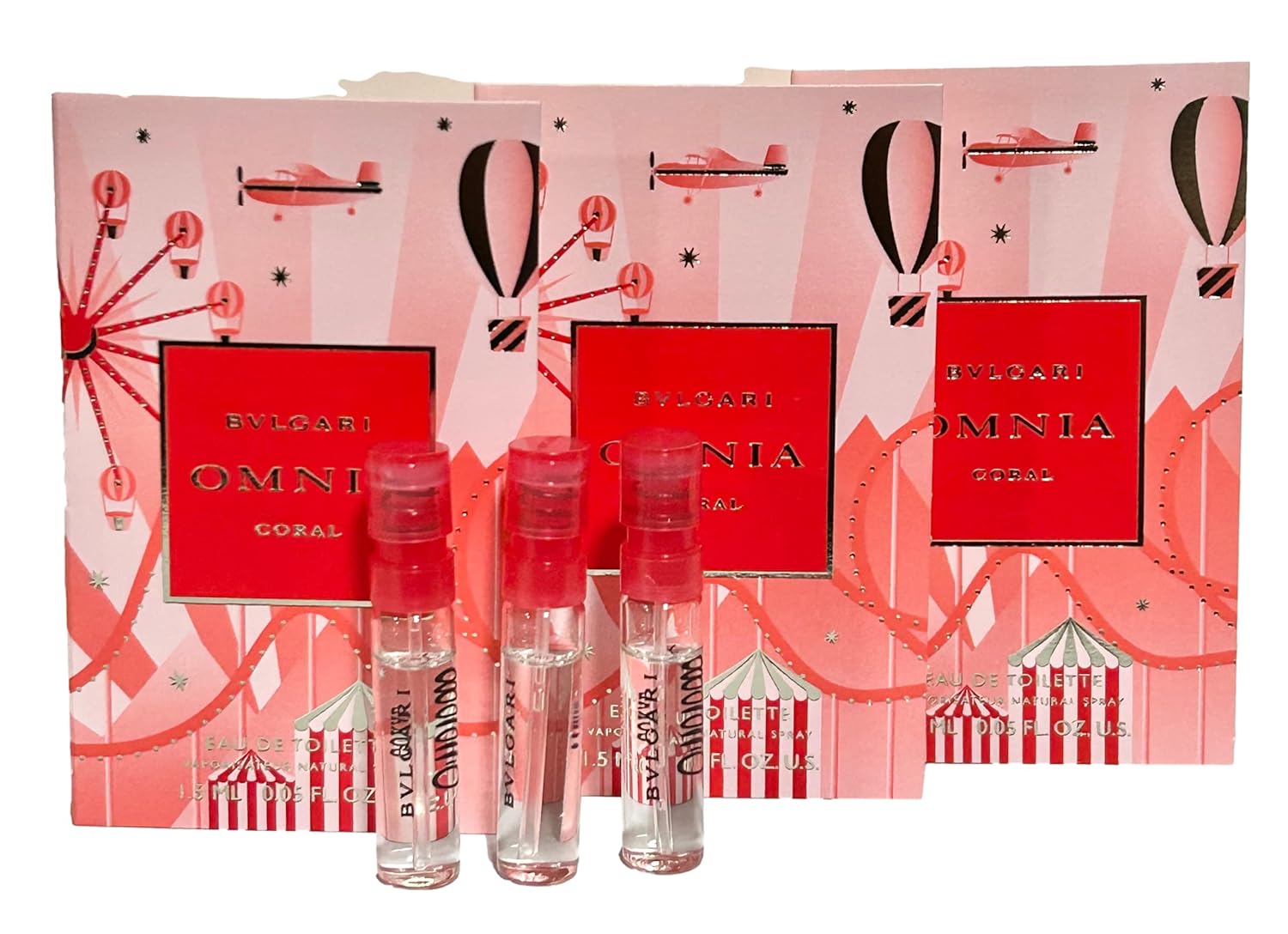 BVLGARI Omnia Coral Eau De Toilette EDT Spray Sample Vials1.5 ml / 0.05 Fl Oz Women Perfume (Pack of 3)