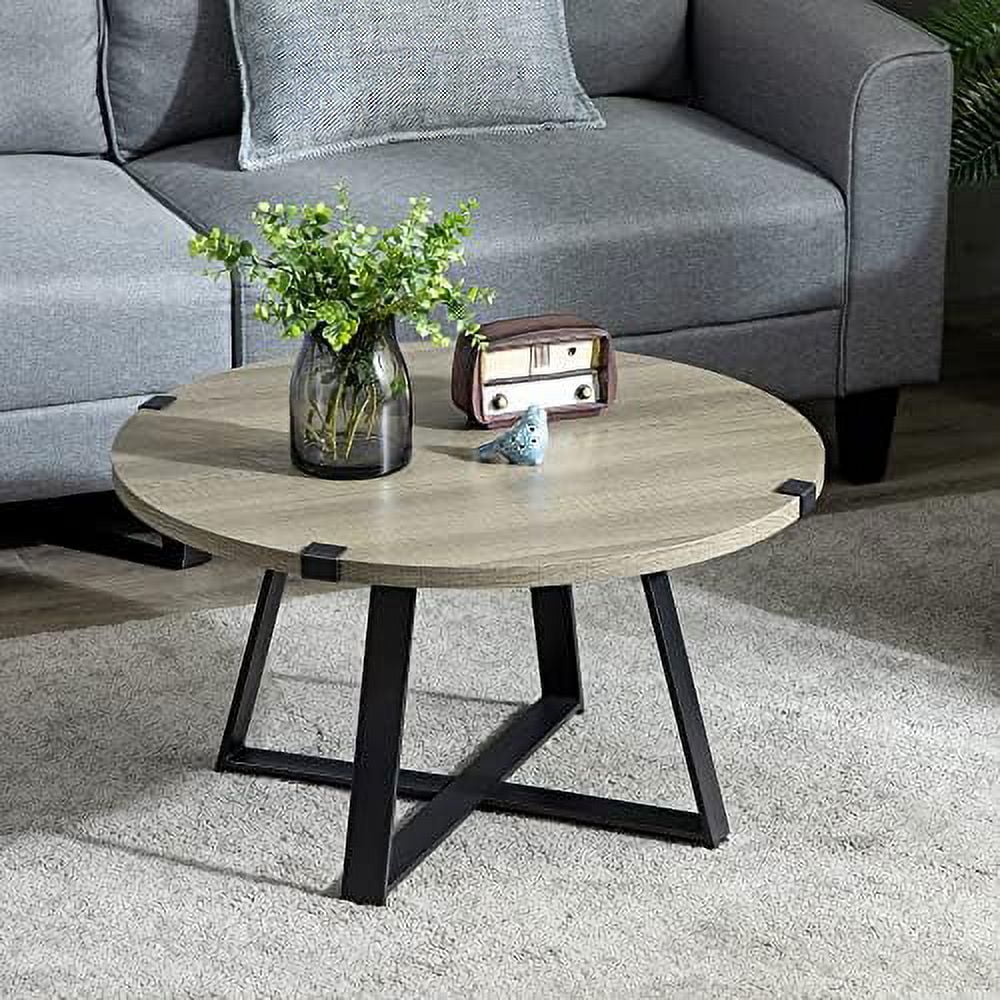 Round Coffee Table, Center Table Steel Legs Living Room Furniture, Wooden Coffee Table, Light Gray
