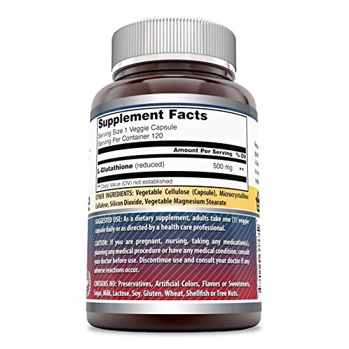 Amazing Formulas L-Glutathione 500 Mg 120 Veggie Capsules | Non-GMO | Gluten Free | Made in USA | Suitable for Vegetarians