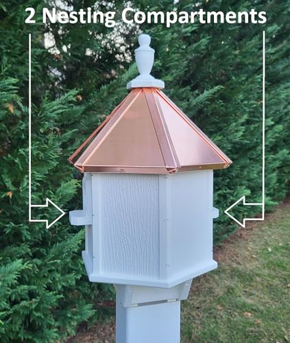2 Holes Amish Handmade Copper Roof Birdhouse With Individual Perches, Duplex 2 Nesting Compartments, Bluebird Songbird Bird House US Made