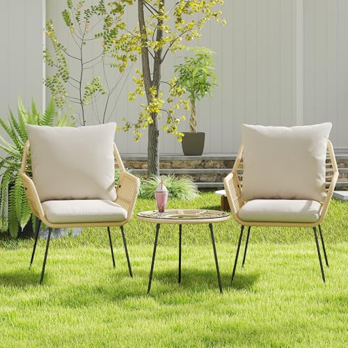 3 Pieces Patio Bistro Set, Upholstered Rattan Outdoor Chairs with Coffee Table, Metal Frame Bistro Table and Chairs Set of 2, Modern Patio Conversation Set for Porch/Yard/Pool, Blue