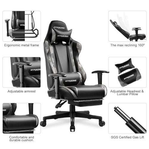 GTRACING Gaming Chair with Footrest, Ergonomic Computer Game Desk Chair, Reclining Game Chair Seat Height Adjustment, Swivel Rocker with Headrest and Lumbar (Blue)