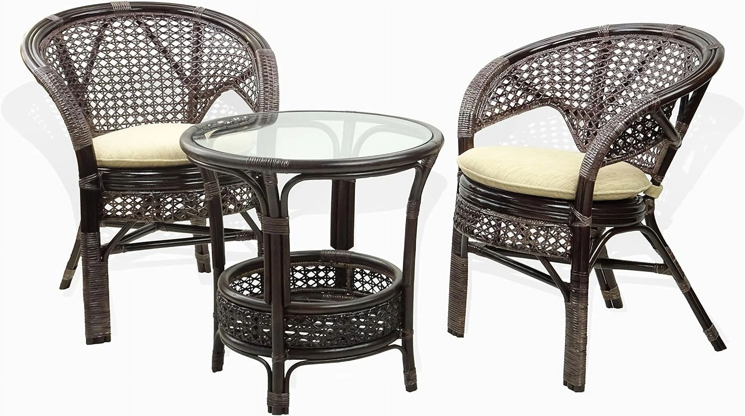 Pelangi Round Coffee Table Natural Rattan Wicker With Glass Top Handmade, Dark Brown