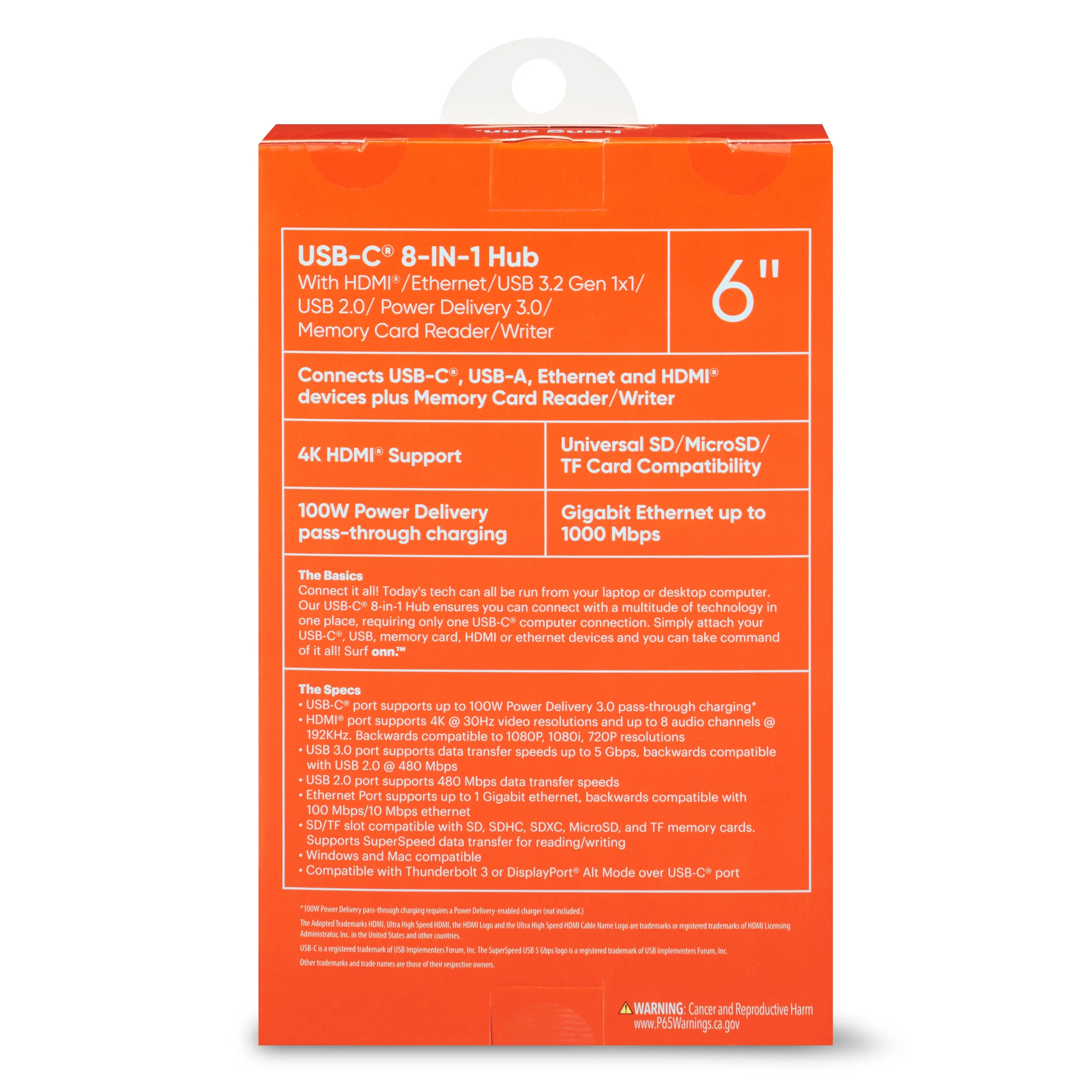 onn. 8-in-1 USB-C Adapter, USB 3.0 and 4K HDMI Compatible