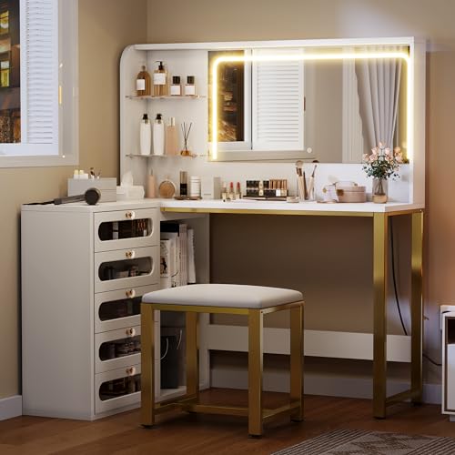 YITAHOME Vanity Desk Set- L Makeup Vanity with Mirror and Lights 3 Lighting Modes, 48