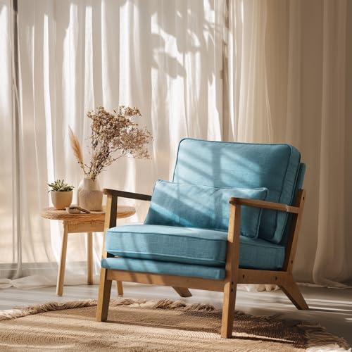 VINGLI Solid Wood Wide Armrests Accent Chair,Upholstered Mid Century Modern Chair with Pillow,Comfy Reading Chair Farmhouse Arm Chair,Chairs Living Room,Bedroom,Guest Room,Linen Fabric,Beige