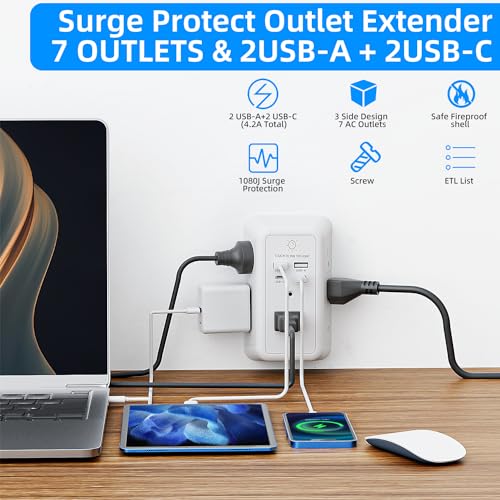 Wall Charger Surge Protector, Outlet Extender with Night Light, USB Wall Charger with 2 USB C and 2 USB Ports, 3-Sided Power Strip with Adapter Spaced Outlets for Home Office Travel, ETL Certified