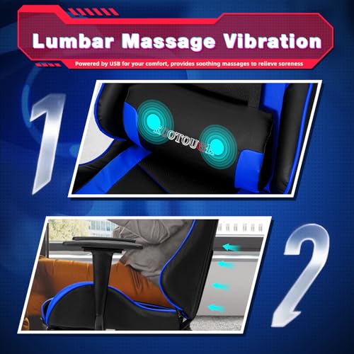 ECOTOUGE PC Massage Gaming Chair with Footrest Ergonomic Office Desk Chair Racing PU Leather Recliner Swivel Rocker with Headrest and Lumbar Pillow, Blue