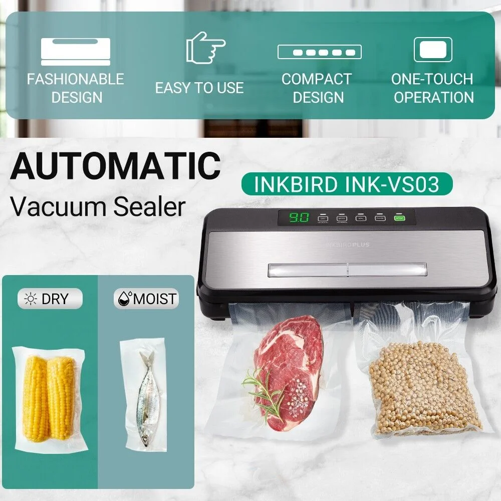 Inkbird Vacuum Sealer Machine INK-VS03, Sealing-Time Countdown&Viewable Window,Built-in Cutter and Roll Storage(Up to 20ft),One-Touch Moist Modes for Seasoned Meat,Starter Kit with Bag*5,Roll*1