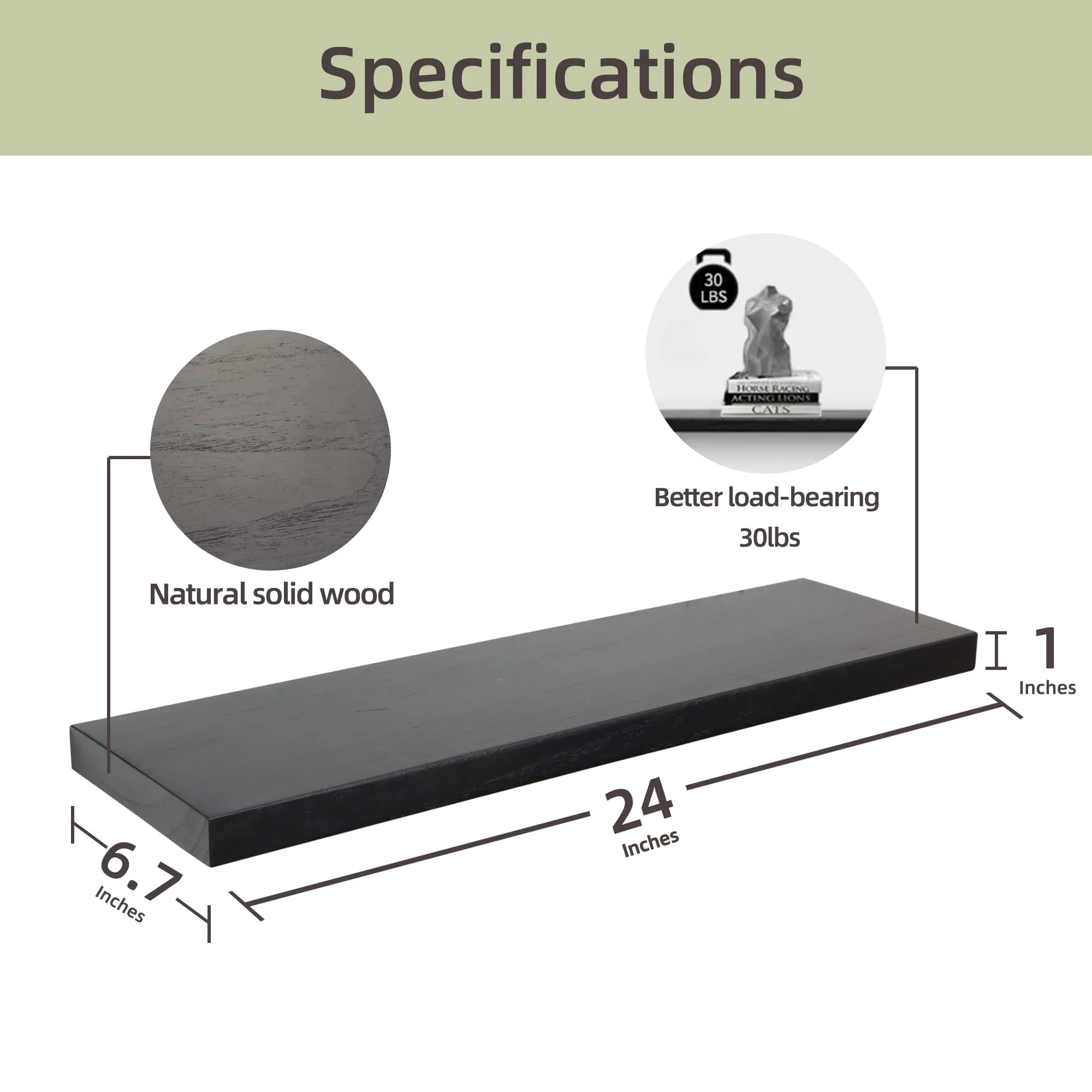 24inch 2 Pcs Solid Wood Wall Mounted Floating Shelves for Bedroom Bathroom Living Room