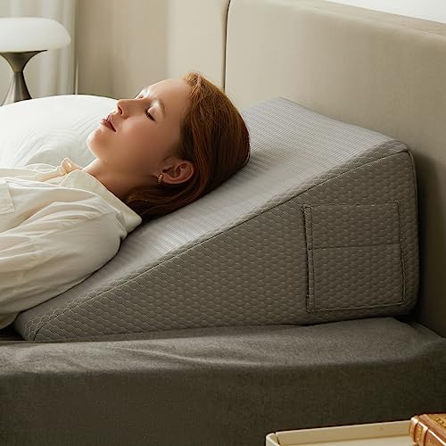 Wedge Pillow for Sleeping, 8 inch Bed Wedge Pillow, Elevated Body Pillow for Back Support, Acid Reflux, Leg, Neck Pain, Snoring, Triangle Pillow Wedge - Cooling Memory Foam Top, White/Grey