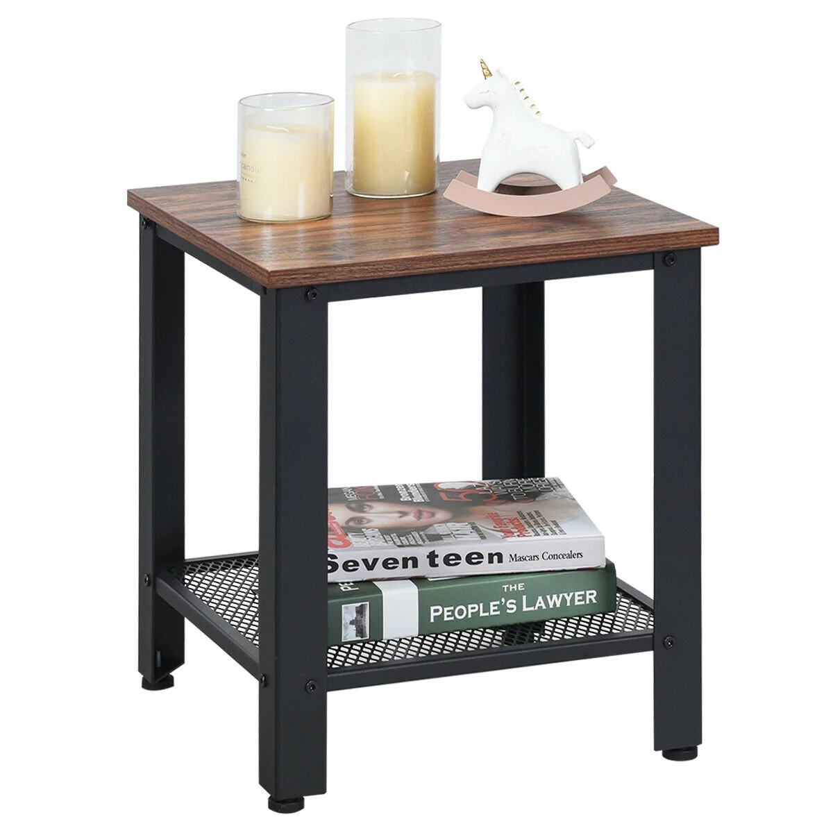 Gymax Industrial End Table 2-Tier Side Table W/Storage Shelf Rustic Sofa Table Black